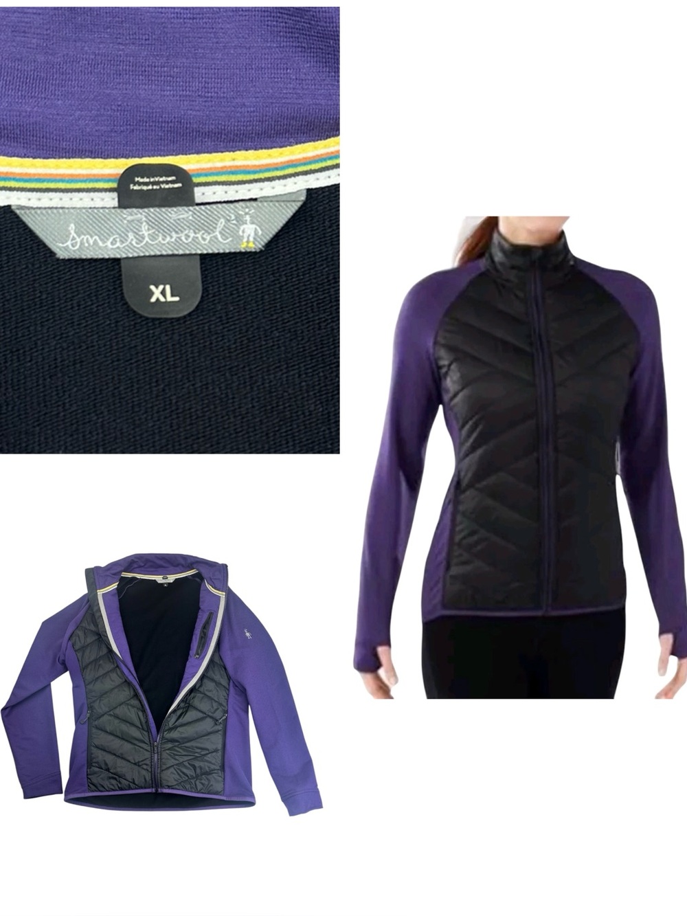 Smartwool Corbet 120 Hybrid Quilted Front Full Zip Jacket Sweater Pockets Purple